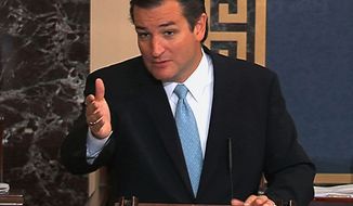 This image from Senate video show Sen. Ted Cruz, R-Texas, speaking on the Senate floor at the U.S. Capitol in Washington, Tuesday, Sept. 24, 2013. Cruz says he will speak until he&#39;s no longer able to stand in opposition to President Barack Obama&#39;s health care law. Cruz began a lengthy speech urging his colleagues to oppose moving ahead on a bill he supports. The measure would prevent a government shutdown and defund Obamacare. (AP Photo/Senate TV)
