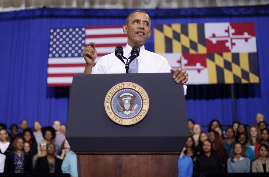 President Obama speaks about the Affordable Care Act on Sept. 26, 2013, at Prince George's Community College in Largo, Md. (Associated Press)