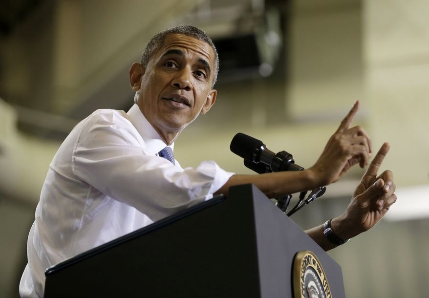 President Barack Obama speaks about the Affordable Care Act, Thursday, Sept. 26, 2013, at Prince George's Community College in Largo, Md. The president is promoting the benefits of his health care law before new insurance exchanges open for business next week. (AP Photo/Pablo Martinez Monsivais)