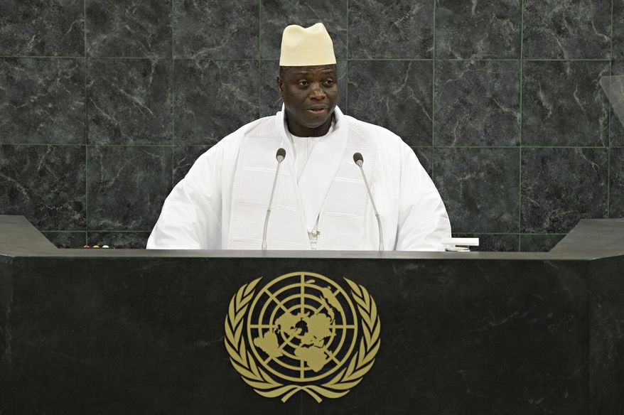 Gambian President Yahya Jammeh addresses the 68th U.N. General Assembly on Friday, Sept. 27, 2013, at the international body's headquarters in New York. (AP Photo/Andrew Burton, Pool)