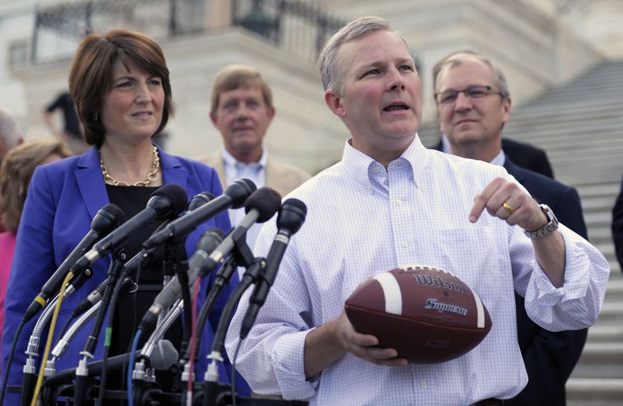 ** FILE ** Rep. Cathy McMorris Rodgers, R-Wa., left, looks on as Rep. Tim Griffin, R-Ar., right, and other Republican House Members call on Senate Democrats to "come back to work" on the Senate steps of the U.S. Capitol Sunday, Sept. 29, 2013, as the United States braces for a partial government shutdown Tuesday. (AP Photo/Cliff Owen)