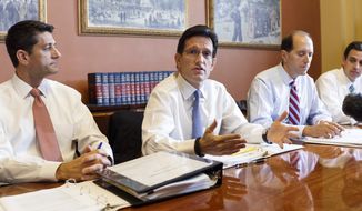 With the federal government out of money and out of time, House Majority Leader Eric Cantor (second from left) meets with House GOP conferees as the Republican-controlled House and the Democrat-controlled Senate remain at an impasse, neither side backing down over Obamacare, at the Capitol in Washington on Tuesday, Oct. 1, 2013.  With Mr. Cantor are (from left) Reps. Paul Ryan, Dave Camp and Tom Graves. (AP Photo/J. Scott Applewhite)
