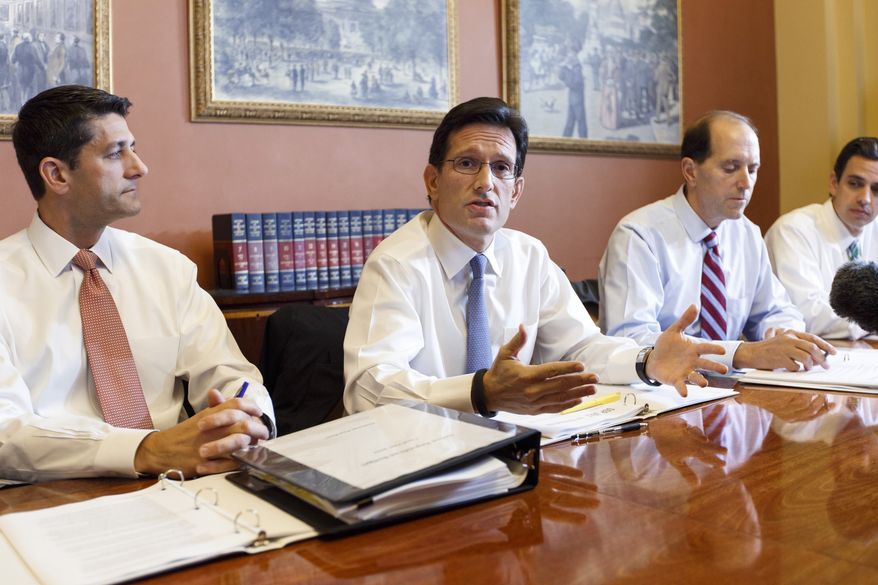 With the federal government out of money and out of time, House Majority Leader Eric Cantor (second from left) meets with House GOP conferees as the Republican-controlled House and the Democrat-controlled Senate remain at an impasse, neither side backing down over Obamacare, at the Capitol in Washington on Tuesday, Oct. 1, 2013. With Mr. Cantor are (from left) Reps. Paul Ryan, Dave Camp and Tom Graves. (AP Photo/J. Scott Applewhite)