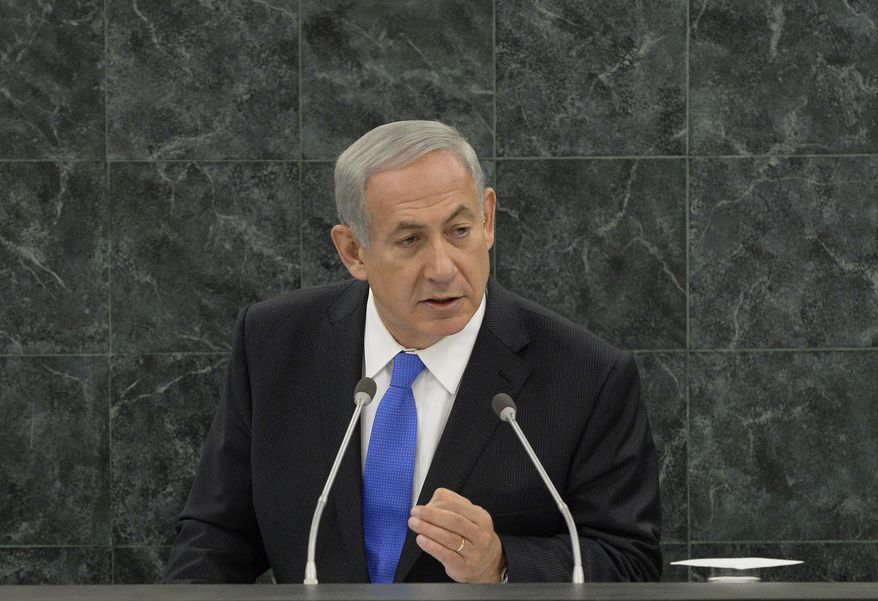 Israeli Prime Minister Benjamin Netanyahu addresses the 68th session of the U.N. General Assembly on Tuesday, Oct. 1, 2013, at the international body's headquarters in New York. (AP Photo/Andrew Gombert, Pool)