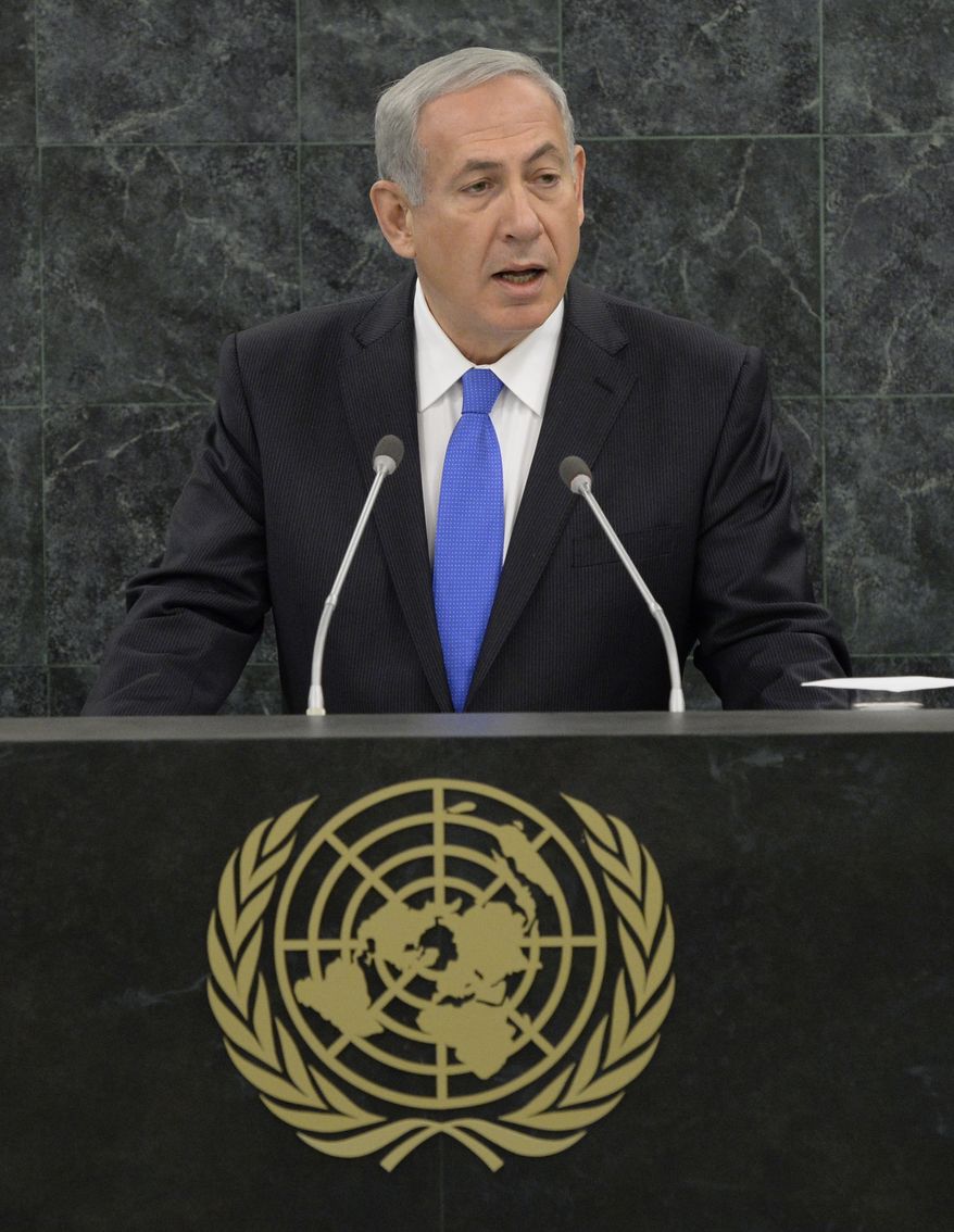 Israeli Prime Minister Benjamin Netanyahu addresses the 68th Session of the United Nations General Assembly on Tuesday Oct. 1, 2013 at the United Nations headquarters. (AP Photo/Andrew Gombert,Pool)