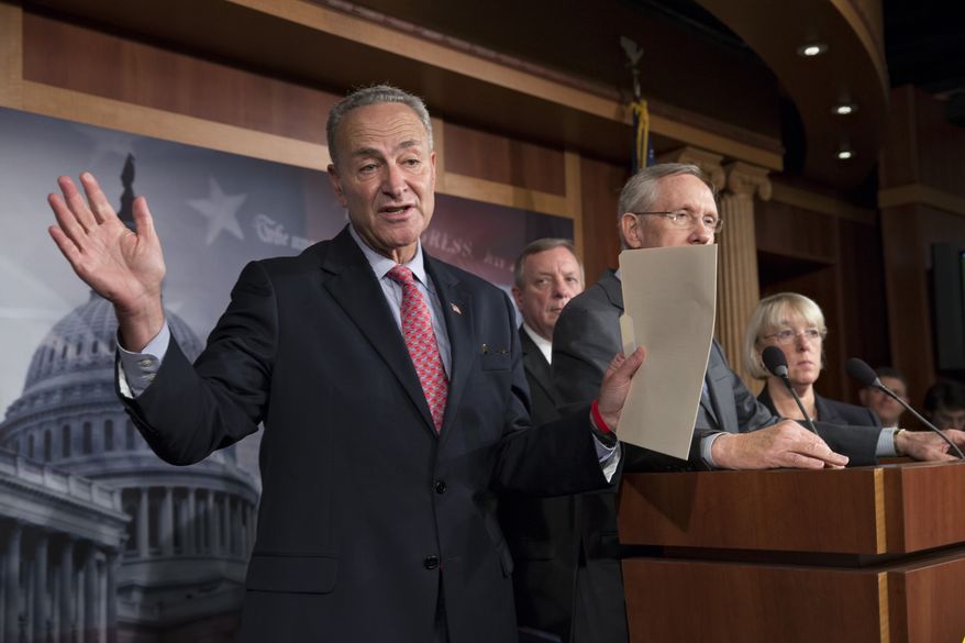 From left, Sen. Chuck Schumer, D-N.Y., Senate Majority Whip Dick Durbin, D-Ill., Senate Majority Leader Harry Reid, D-Nev., and Sen. Patty Murray, D-Wash., chair of the Senate Budget Committee, tell reporters that Speaker of the House John Boehner, R-Ohio, and House Republicans are the obstacle to ending the government shutdown crisis, at the Capitol in Washington, Thursday, Oct. 3, 2013. President Barack Obama brought congressional leaders to the White House on Wednesday for the first time since a partial government shutdown began, but there was no sign of progress toward ending an impasse that has idled 800,000 federal workers and curbed services around the country. (AP Photo/J. Scott Applewhite)
