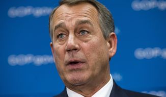 House Speaker John A. Boehner, Ohio Republican, demands that the White House and congressional Democrats negotiate with congressional Republicans about ways to reopen the government and address criticisms of the nation&#39;s new health care law, on Friday, Oct. 4, 2013, during a news conference on Capitol Hill in Washington.  (AP Photo/J. Scott Applewhite) 