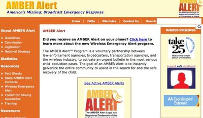 The federal government&#x27;s Amber Alert website, seen here in a screen capture from Monday afternoon, was restored after being shut down since the previous night.