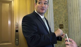 ** FILE ** Sen. Ted Cruz, R-Texas talks with reporters following a vote on Capitol Hill in Washington, Wednesday, Oct. 9, 2013. President Barack Obama is making plans to talk with Republican lawmakers at the White House in the coming days as pressure builds on both sides to resolve their deadlock over the federal debt limit and the partial government shutdown. (AP Photo/Susan Walsh)