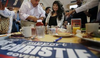 ** FILE ** New Jersey Gov. Chris Christie signs campaign posters for his supporters at the Edison Diner during a campaign stop in Edison, N.J., Tuesday, Oct. 8, 2013. (AP Photo/Mel Evans)