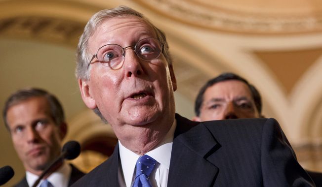 Senate Minority Leader Mitch McConnell, Kentucky Republican, came up with a solution that would allow the president to request a debt limit increase. To reject it, Congress would have to pass legislation that the president could veto, meaning it would take a two-thirds vote in each house of Congress to stop an increase. (Associated Press)