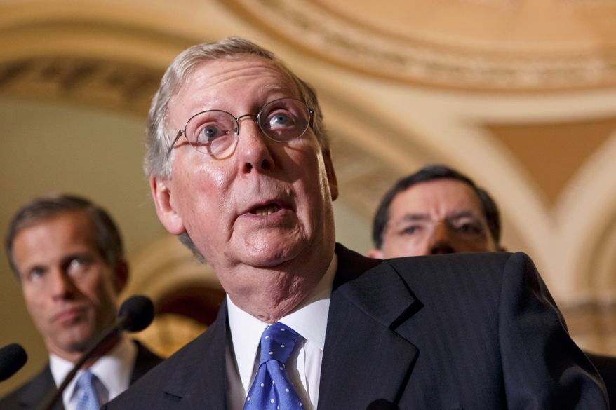 Senate Minority Leader Mitch McConnell, Kentucky Republican, came up with a solution that would allow the president to request a debt limit increase. To reject it, Congress would have to pass legislation that the president could veto, meaning it would take a two-thirds vote in each house of Congress to stop an increase. (Associated Press)