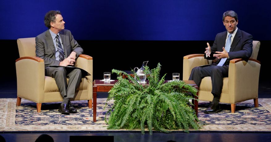 The Republican gubernatorial candidate, Virginia Attorney General Kenneth T Cuccinelli II (right), answers a question from University of Richmond President Edward L. Ayers during a forum at the university on Thursday. Recent polls have shown Democrat Terry McAuliffe leading. (Associated Press)