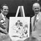 Longtime New York Giants and Washington Redskins linebacker Sam Huff, left, poses with his Pro Football Hall of Fame presenter and former coach Tom Landry following his Pro Football Hall of Fame enshrinement speech in Canton, Ohio on Aug. 7, 1982. (AP Photo/Amy Sancetta)