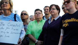 Jayne Rowse (third from left) holds hands with her partner, April DeBoer, during a rally outside the federal courthouse in Detroit. The couple initially intended to file a lawsuit that would allow them to adopt each other&#39;s children, but ended up challenging Michigan&#39;s ban on gay adoption and same-sex marriage. (associated press)