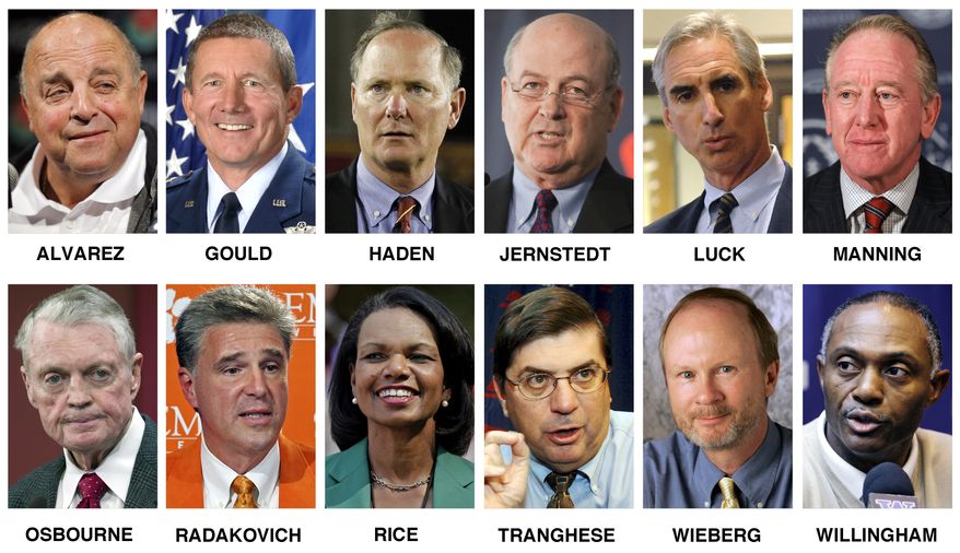 FILE - This combo of undated file photos shows 12 of the 13 members of the College Football Playoff selection committee that were announced on Wednesday, Oct. 16, 2013 by committee chairman Jeff Long, the athletic director at Arkansas. Top row, from left, Wisconsin athletic director Barry Alvarez, former superintendent of the United States Air Force Academy retired Lt. Gen. Mike Gould, Southern California athletic director Pat Haden, former NCAA executive vice president Tom Jernstedt, West Virginia athletic director Oliver Luck, and Hall of Fame quarterback Archie Manning. Bottom row, from left, Nebraska athletic director Tom Osbourne, Clemson athletic director Dan Radakovich, former Secretary of State Condoleezza Rice, former Big East Commissioner Mike Tranghese, former USA Today college football reporter Steve Wieberg, and former college football coach Tyrone Willingham. The committee will choose four teams in 2014 to play in the national semifinals and seed them. The winners of those games will play a week later for the national championship. (AP Photo/File)