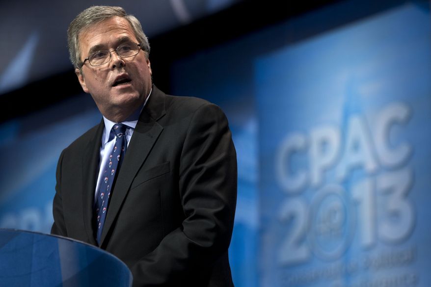 FILE - In this March 15, 2013 file photo, former Florida Gov. Jeb Bush speaks during the Ronald Reagan Dinner at the 40th annual Conservative Political Action Conference in National Harbor, Md. Weighing in while hosting an education conference in Boston, the potential 2016 presidential candidate argued that congressional Republicans represent “the mirror opposite” of the successes of GOP governors outside the capital. (AP Photo/Jacquelyn Martin, File)