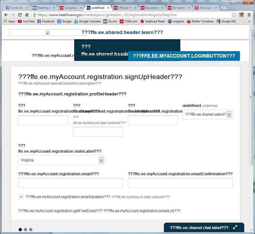 A screenshot of what users see when they try to sign up for Obamacare on Wednesday, Oct. 16, 2013. (The Washington Times)