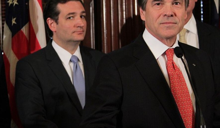 Sen. Ted Cruz and Gov. Rick Perry appear together during a Texas news conference. (credit: KUT News)