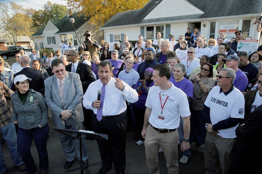 ** FILE ** In this Oct. 29, 2013, file photo, New Jersey Gov. Chris Christie speaks at the Superstorm Sandy-damaged home of John and Angela Ciangiotto in Union Beach on the one-year anniversary of the storm. (Associated Press)