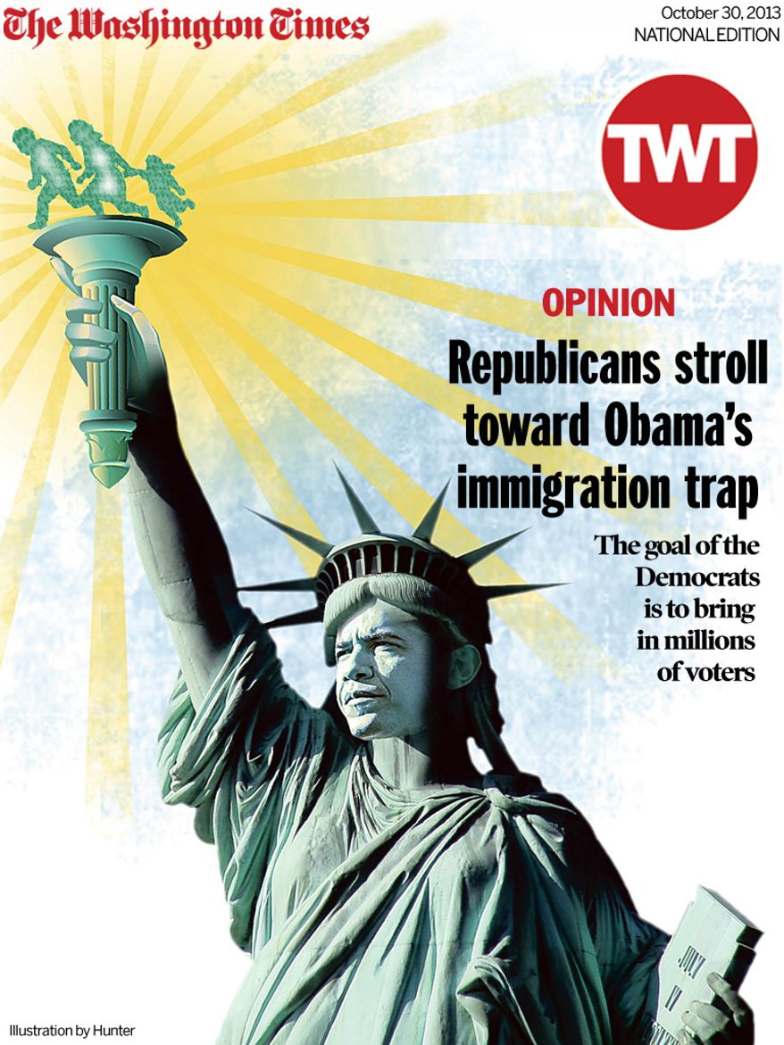 National Edition Opinion cover for October 30, 2013 - Republicans stroll toward Obama’s immigration trap (Illustration by Hunter for The Washington Times)