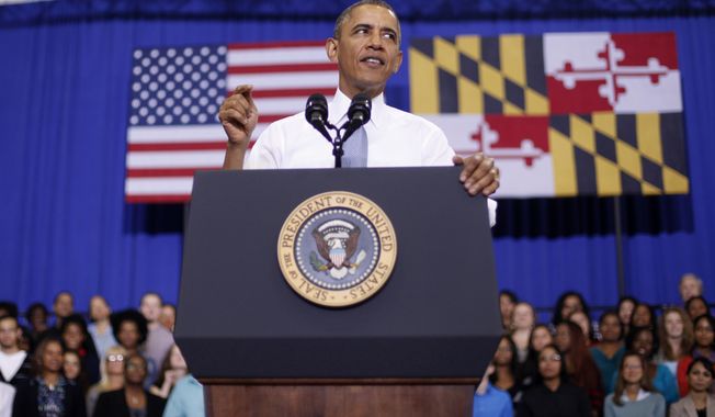 **FILE** President Obama speaks about the Affordable Care Act on Sept. 26, 2013, at Prince George&#x27;s Community College in Largo, Md. (Associated Press)