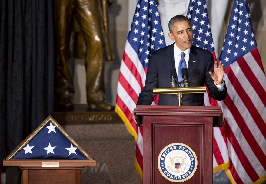 President Barack Obama speaks in Statuary Hall on Capitol Hill in Washington, Tuesday, Oct. 29, 2013, during a memorial service for the late former House Speaker Thomas S. Foley. Foley was a 30-year veteran of the House who died last week at the age of 84. (AP Photo/Manuel Balce Ceneta)