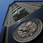 The seal affixed to the front of the Department of Veterans Affairs building in Washington is seen here on June 21, 2013. (Associated Press) **FILE**