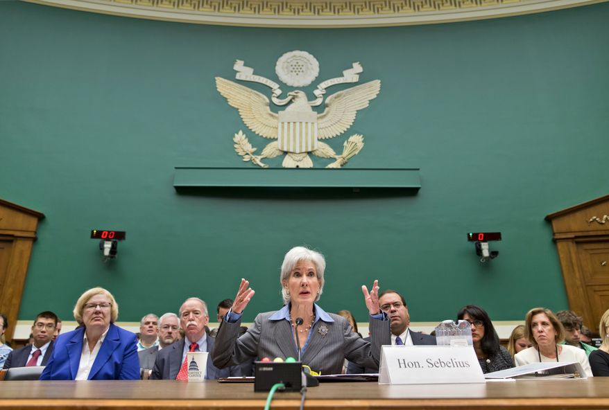 Health and Human Services Secretary Kathleen Sebelius testifies on Capitol Hill in Washington, Wednesday, Oct. 30, 2013, before the House Energy and Commerce Committee hearing on the difficulties plaguing the implementation of the Affordable Care Act. The Obama Administration claims the botched rollout was the result of contractors failing to live up to expectations – not bad management at HHS. As the public face of President Barack Obama's signature health care program, Sec. Sebelius has become the target for attacks over its botched rollout with Republicans, and even some Democrats, calling for her to resign. (AP Photo/J. Scott Applewhite)