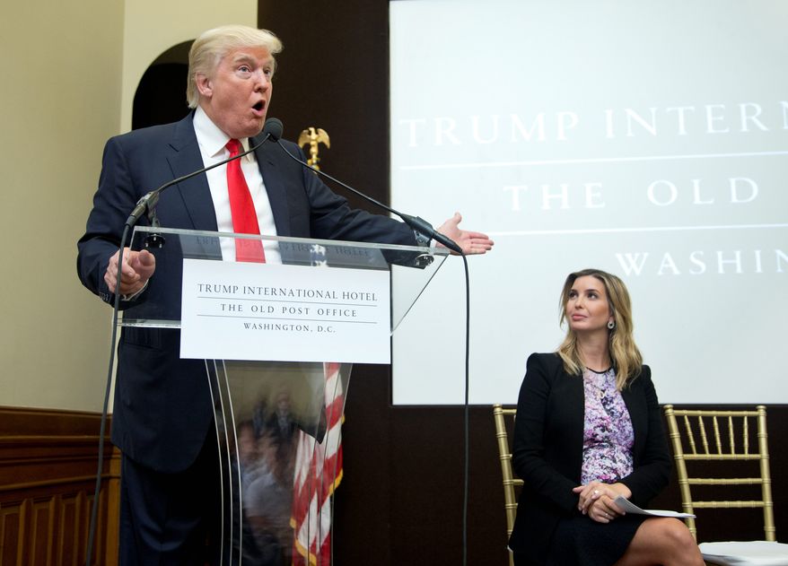 Donald Trump, accompanied by daughter Ivanka, presents his architectural and design plans for the Old Post Office building on Pennsylvania Avenue. Federal officials have some strict usage rules for the historic property. (Associated Press)