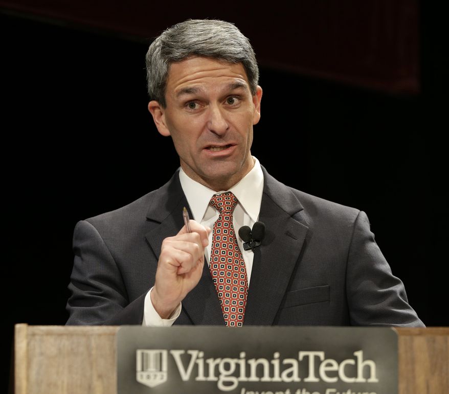 FILE - In this Oct. 24, 2013 file photo, Virginia Republican gubernatorial candidate, Virginia Attorney General Ken Cuccinelli, speaks in Blacksburg, Va. Women may hold the key in Virginia’s slash-and-burn race for governor, rendering a final judgment on a campaign marked by fights over social issues. (AP Photo/Steve Helber, File)