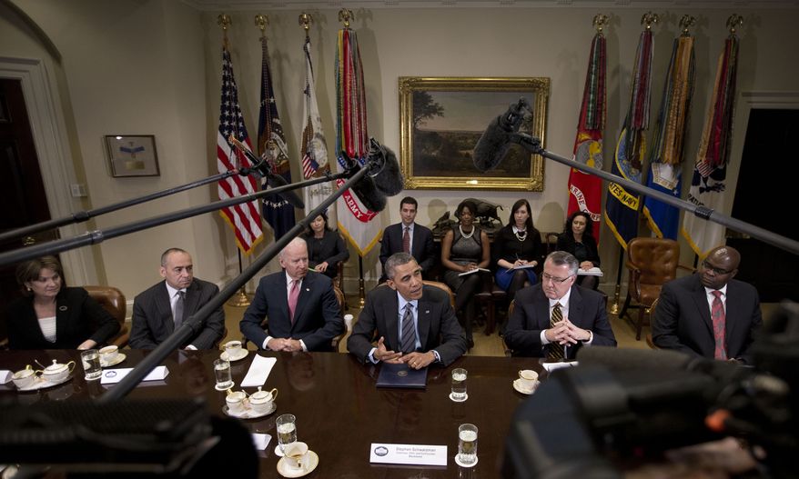 President Barack Obama and Vice President Joe Biden meet with business leaders to discuss immigration reform, Tuesday, Nov. 5, 2013, in the Roosevelt Room of the White House in Washington. From left are, Lockheed Martin President and CEO Marillyn Hewson, Deloitte CEO Joe Echevarria, the vice president, the president, Motorola CEO Greg Brown, and McDonald's President and CEO Don Thompson. (AP Photo/Pablo Martinez Monsivais)