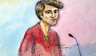This artist rendering shows Ross William Ulbricht appearing in Federal Court in San Francisco on Friday, Oct. 4, 2013. (Associated Press)
