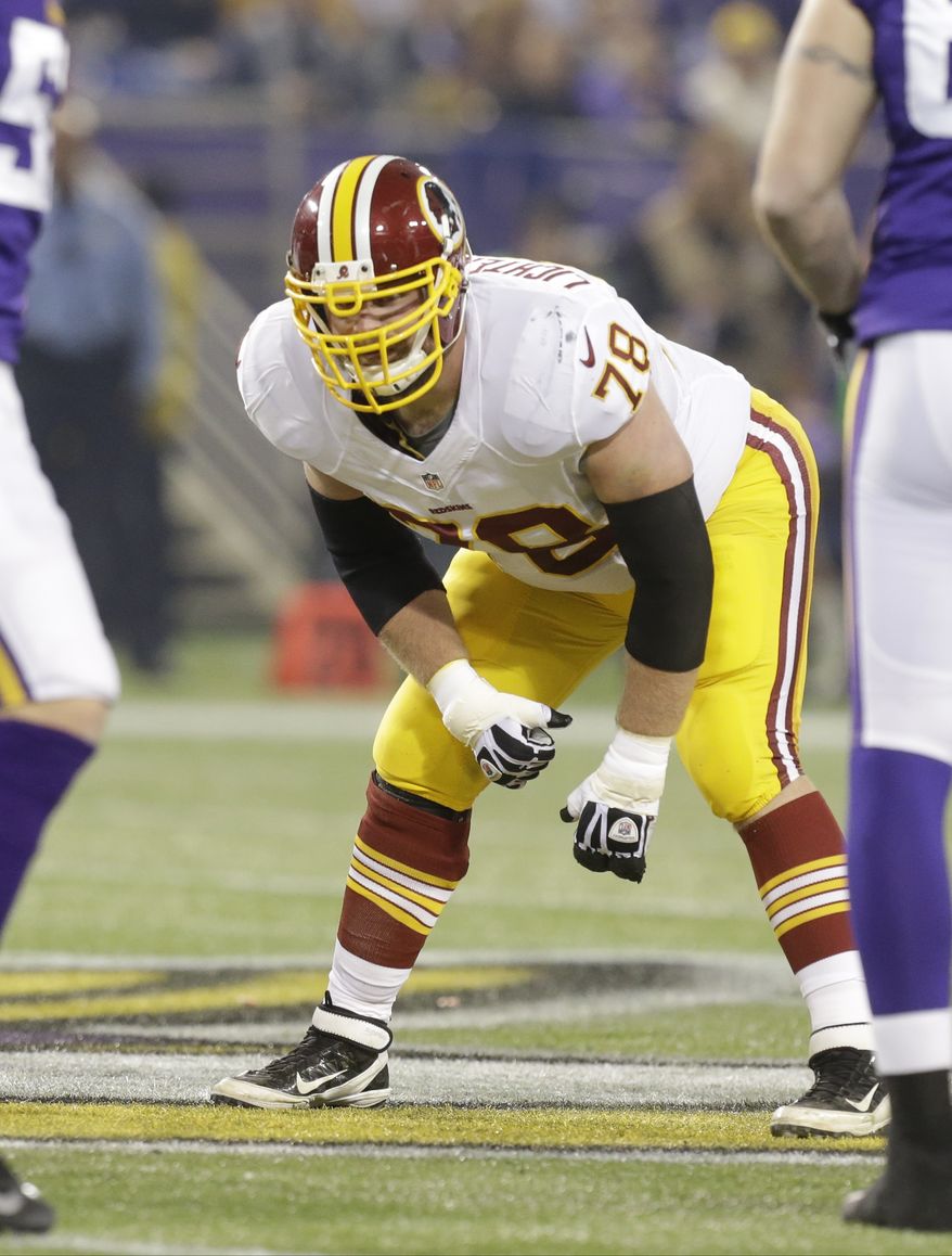 Washington Redskins offensive lineman Kory Lichtensteiger lines up in an NFL football game against the Minnesota Vikings, Thursday, Nov. 7, 2013 in Minneapolis. (AP Photo/Jim Mone)