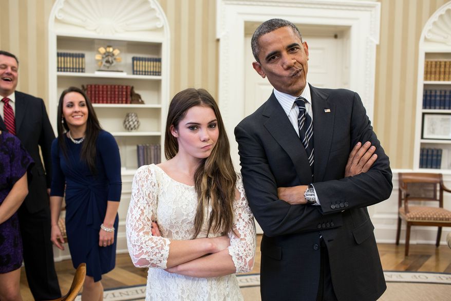 "The President had just met with the U.S. Olympics gymnastics team, who because of a previous commitment had missed the ceremony earlier in the year with the entire U.S. Olympic team. The President suggested to McKayla Maroney that they recreate her 'not impressed' photograph before they departed." (Official White House Photo by Pete Souza)