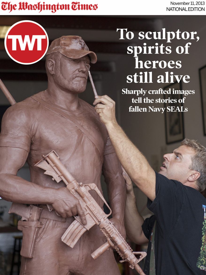 National Edition News Cover for November 11, 2013 - To sculptor, spirits of heroes still alive: Sculptor Gregory Marra works on statue in honor of Chris Kyle.