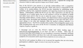 A copy of the letter sent by the NCAA to Kristen Sheely, mother of Derek Sheely. Frostburg State University football player Derek Sheely died from a brain injury he sustained during practice.