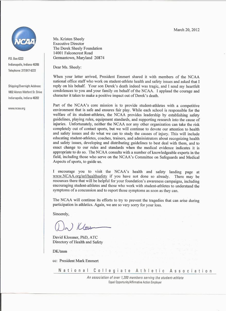 A copy of the letter sent by the NCAA to Kristen Sheely, mother of Derek Sheely. Frostburg State University football player Derek Sheely died from a brain injury he sustained during practice.