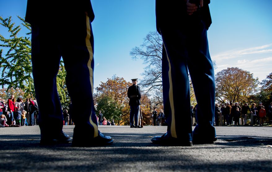 Service members attached to the Army's Honor Guard stand watch over the road leading up to the Tomb of the Unknown Solider during a Veteran's Day ceremony, in Arlington, VA., Monday, November 11, 2013.(Andrew S. Geraci/The Washington Times)