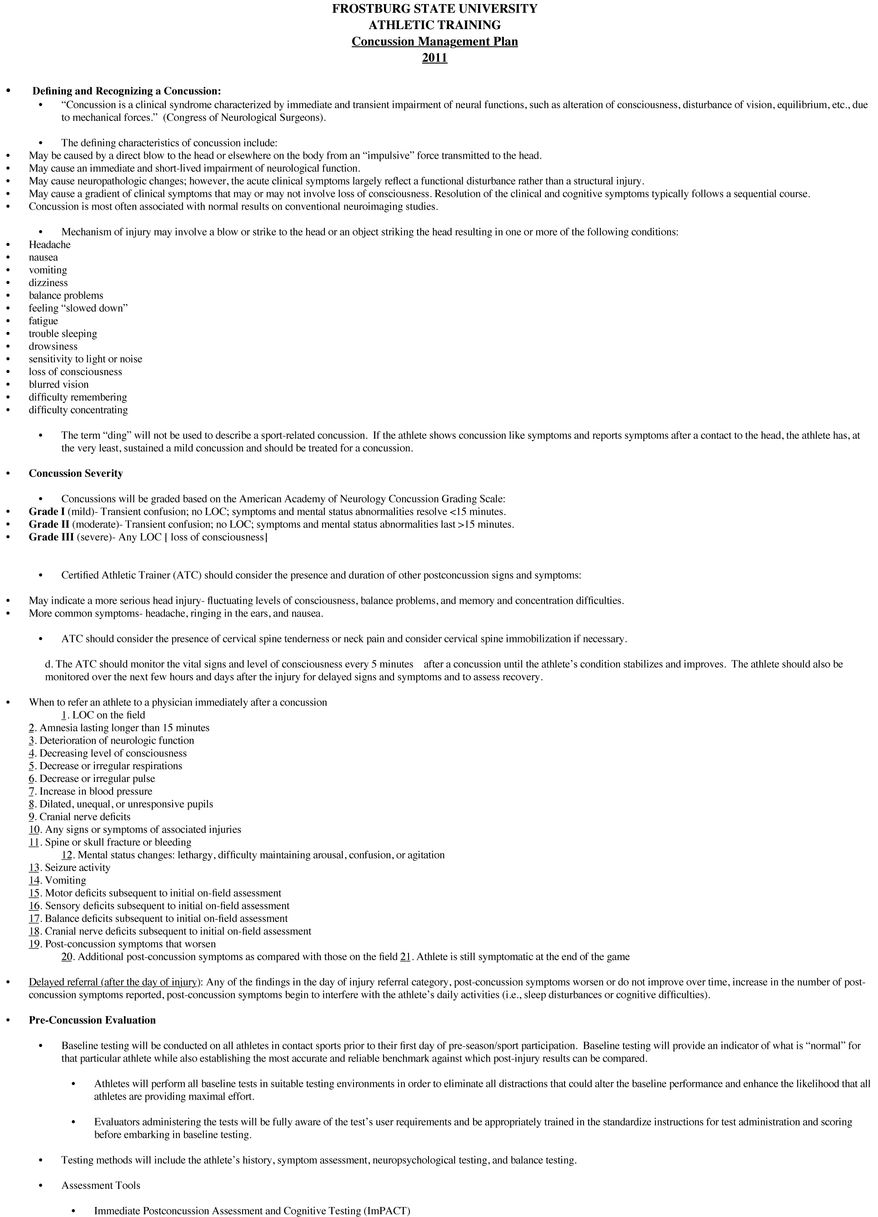 A copy of the 2011 Frostburg State University atheletic training concussion management paln. FSU football player Derek Sheely died from a brain injury he sustained during practice.