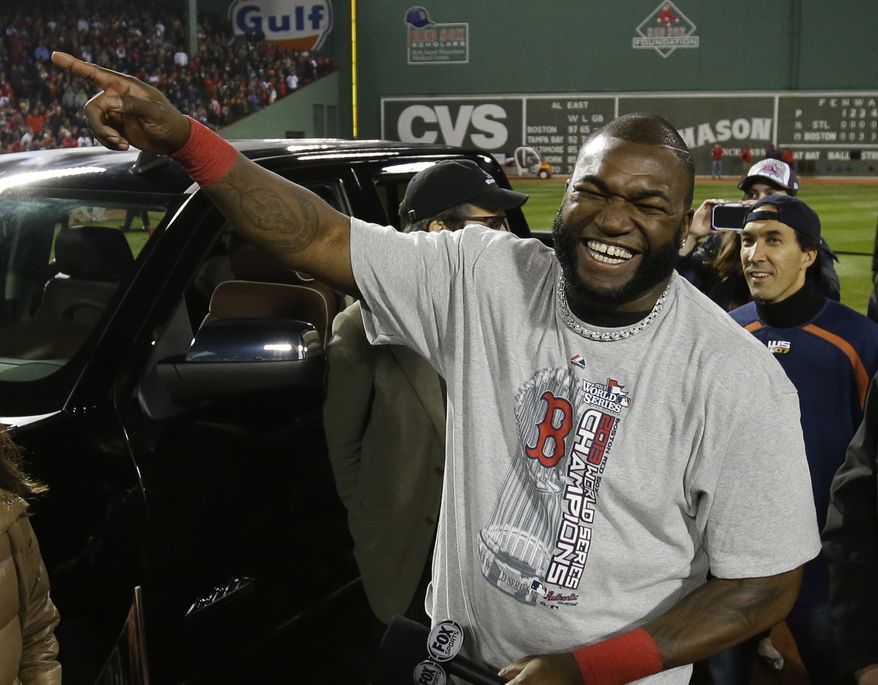FILE - In this Oct. 31, 2013 file photo, Boston Red Sox designated hitter David Ortiz laughs after being named the MVP after Game 6 of baseball's World Series, in Boston. MTV Networks and Major League Baseball on Monday, Nov. 11, 2013 said they are collaborating on a weekly 30-episode series that melds pop culture and baseball. Ortiz and Pittsburgh Pirates All-Star outfielder Andrew McCutchen are both executive producers of the series, set to begin next spring around the start of the new season. (AP Photo/Matt Slocum, File)