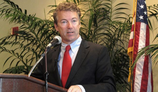 ** FILE ** Sen. Rand Paul, Kentucky Republican, speaks during a GOP fundraiser in Charleston, S.C., on Monday, Nov. 11, 2013. (AP Photo/Bruce Smith)