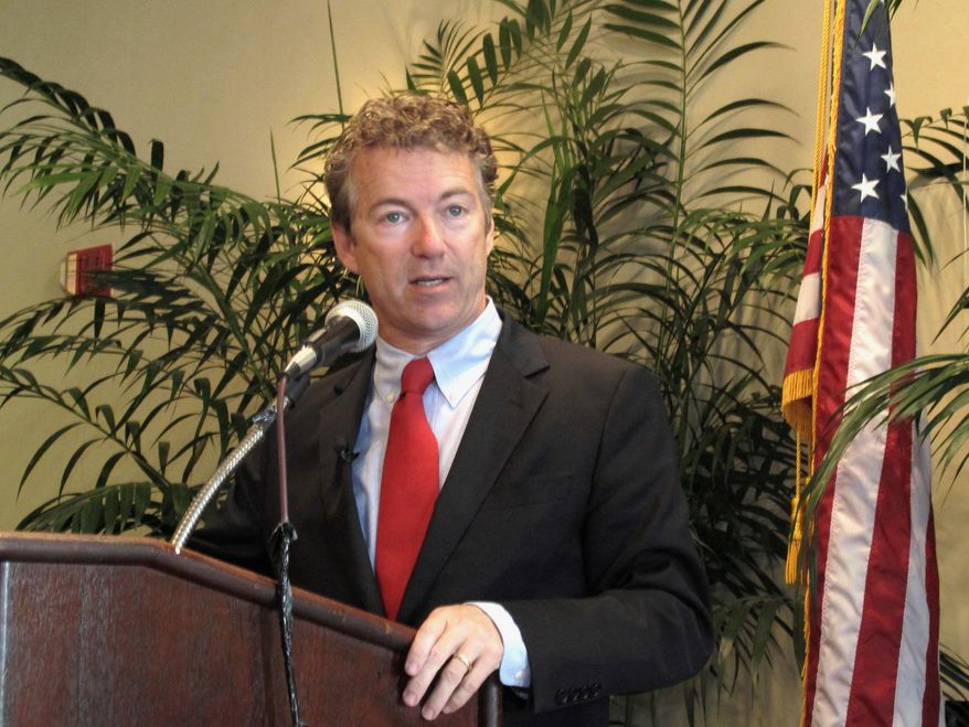 ** FILE ** Sen. Rand Paul, Kentucky Republican, speaks during a GOP fundraiser in Charleston, S.C., on Monday, Nov. 11, 2013. (AP Photo/Bruce Smith)