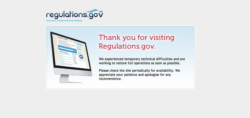 The site, Regulations.gov, greeted visitors with an error message. (Screen grab of Regulations.gov)