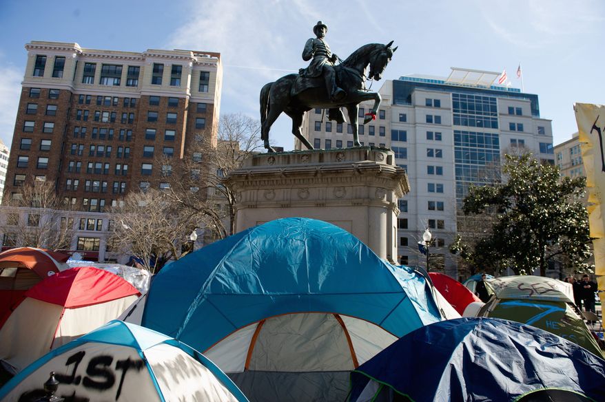 Conservatives and others will rally next week near the White House to demand the president's resignation. Organizers are taking a page from the Occupy movement, which had people camping in McPherson Square from late 2011 to early 2012.
Tents still remain throughout McPherson Square less than an hour before the deadline set by the National Park Service for Occupy DC protesters to remove camping material from McPherson Square and Freedom Plaza, Washington, DC, Monday, January 30, 2012. (Andrew Harnik / The Washington Times) (andrew harnik/the washington times)
