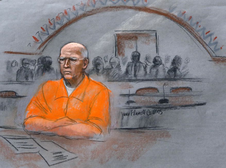 In this courtroom sketch, James "Whitey" Bulger sits at his sentencing hearing in federal court in Boston, Wednesday, Nov. 13, 2013. Bulger was convicted in August in a broad indictment that included racketeering charges in a string of murders in the 1970s and '80s, as well as extortion, money-laundering and weapons charges. (AP Photo/Jane Flavell Collins)