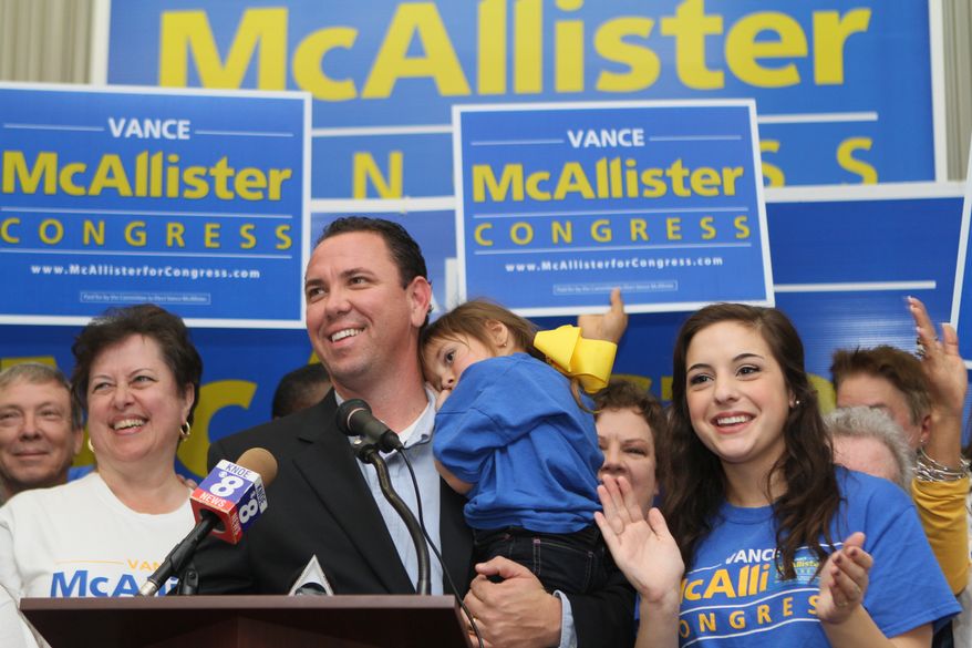 ** FILE ** Vance McAllister celebrates with his family and supporters after winning the 5th Congressional District election with 60 percent of the vote on Saturday, Nov. 16, 2013. (AP Photo/The News-Star, Emerald McIntyre)