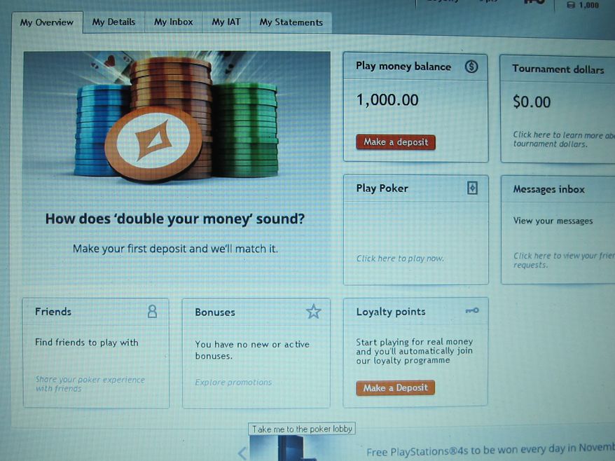 A computer screen in Atlantic City, N.J., on Friday, Nov. 1, 2013, shows a close approximation of an account summary that new users of the global partypoker.com site will experience when New Jersey allows a test of Internet gambling. (AP Photo/Wayne Parry)