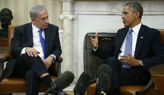 ** FILE ** President Obama (right) meets with Israeli Prime Minister Benjamin Netanyahu in the Oval Office at the White House in Washington on Monday, Sept. 30, 2013. (AP Photo/Charles Dharapak)