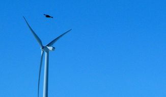 A golden eagle flies above a wind turbine on Duke Energy&#x27;s Top of the World wind farm in Converse County, Wyo., on Thursday, April 18, 2013. (AP Photo/Dina Cappiello)